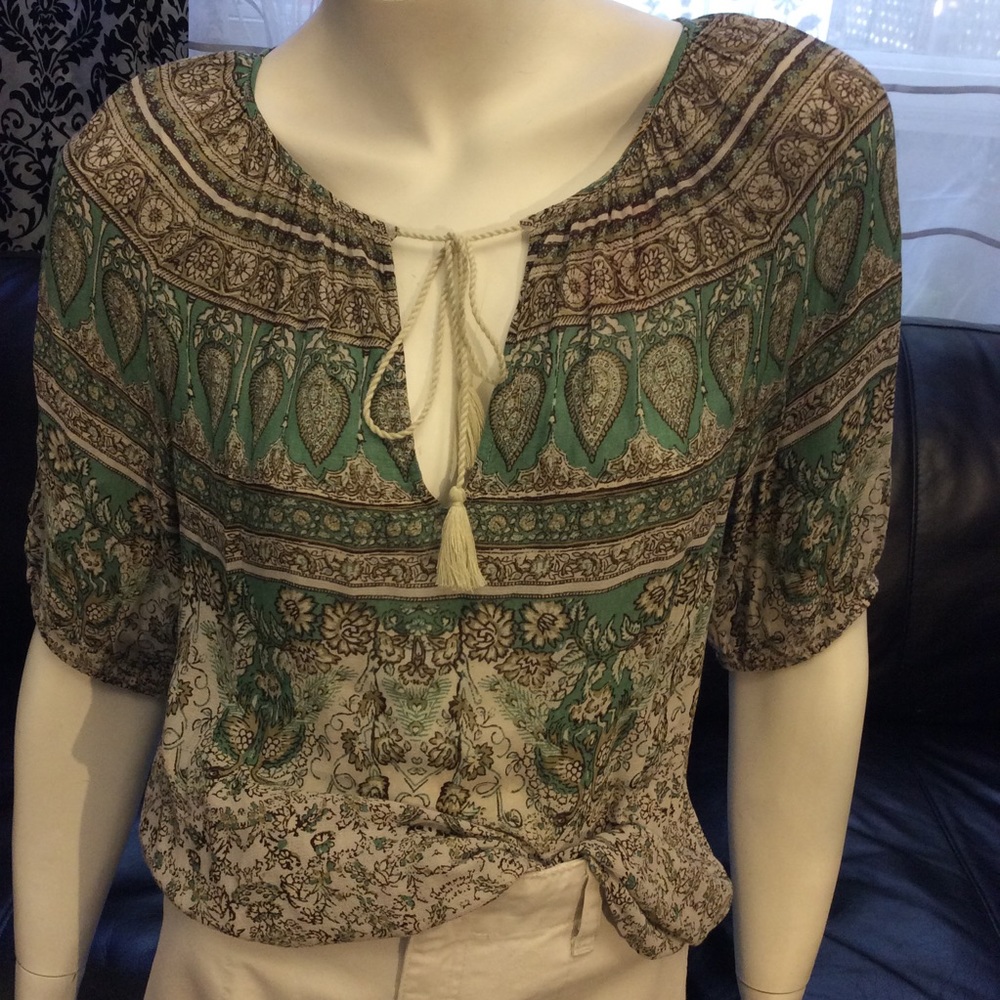 Lucky Brand Paisley Kelly Peasant Top 100% viscose